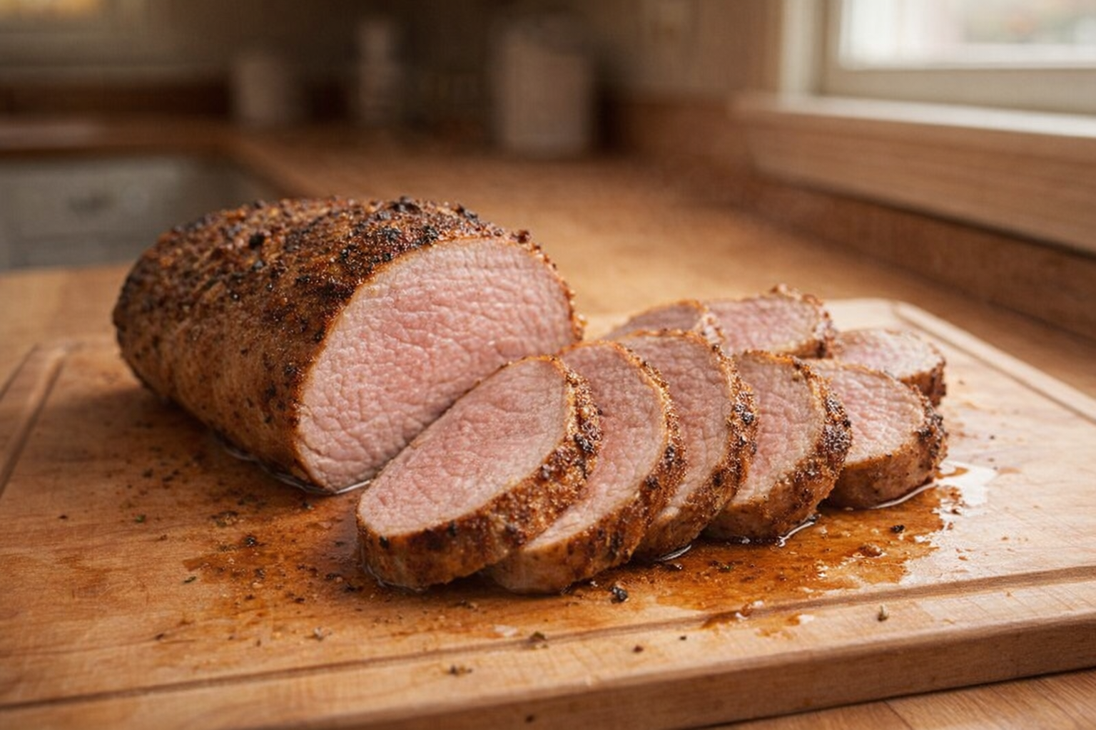 A perfectly roasted pork tenderloin on a cutting board, sliced into medallions, with a golden-brown crust and a slightly pink center, resting under warm light.